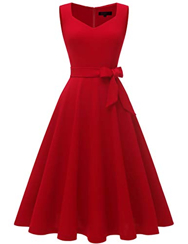 bridesmay 1950er Rockabilly Midi Kleid Vintage V-Ausschnitt Hochzeit Cocktailkleid FaltenrockRed XS