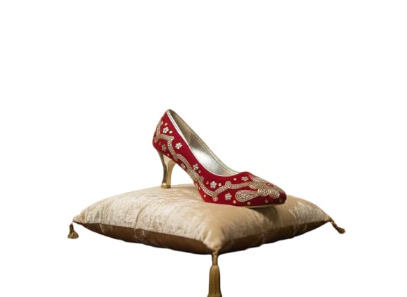 Ethnic Indian Red Velvet & Gold Embroidered Pointed Toe Pumps | Bridal Wedding Party Heeled Shoes for Women-picture-19