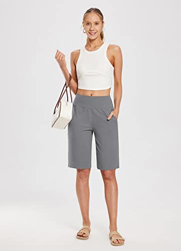 Image of baleaf Women's 12 inch Long Bermuda Shorts High Waisted Knee Length Cotton Shorts Pockets Casual Work Lounge