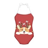 Cute Dog Red Christmas Print Girls Happy New Year Merry Christmas Halter Modest One Piece Swimsuit Hawaiian Summer Beach Swimwear 3-10 Years