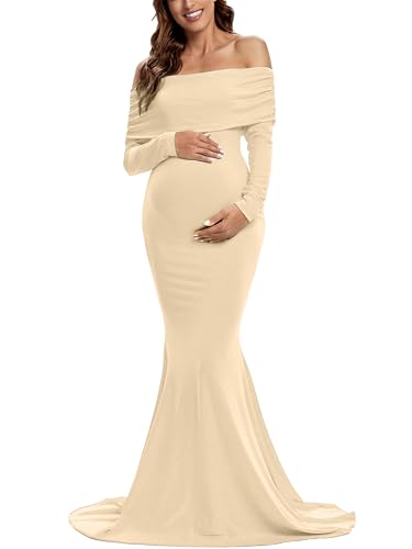 Glampunch Off Shoulder Maternity Dress for Photoshoot,Ruched Maternity Gown
