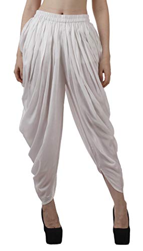 Moomaya Solid Punjabi Patiala Salwar Dhoti Pants for Women, Elastic Waist Relaxed Baggy Trousers White