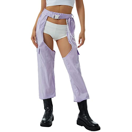 Sexy Buckle Bottomless Pants Women Hollow Out See Through Rave Chaps Hiphop Rock Crotch Pants Belted Cargo Trousers4