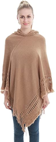 RanRui Ponchos for Women Ladies' Hooded Poncho Cape with Fringed Hem Winter Fall Knitted Crochet Poncho Knitting Patterns Loose Plus Size Poncho Sweater 18019 (Camel)