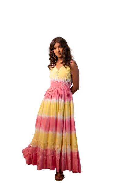 Image of LABEL REYYA Women's Rayon Staple Bohemian Printed One Piece Maxi Dress V-Neck Floral Relaxed Fit Casual Party Dress for Girls