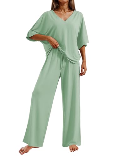 Image of Ekouaer Pajama Sets for Women 2 Piece Lounge Set Short Sleeve Tops and Long Pants Soft Comfy Pjs Sleepwear Outfits S-XXL