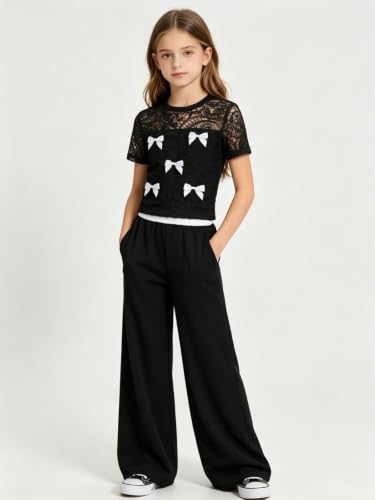 Image of Girls Clothes 2 Piece Short Sleeve Lace Bow Print Tops Flared Pants Set Little Girl Outfits Size 7-14