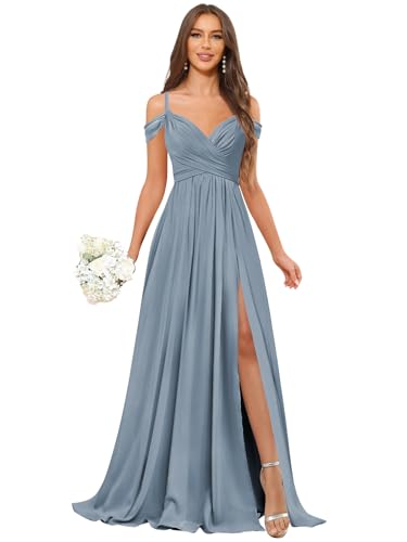 Off The Shoulder Bridesmaid Dresses Long Slit Chiffon Formal Evening Gown with Pockets4