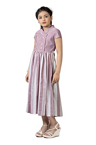 Image of Fashion Dream Girl Double Breasted Stripe Pattern Calf Length Dress(Pink 3-4 Year)