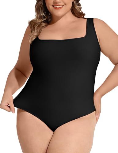 Image of FOREYOND Plus Size Bodysuits for Women Short Sleeves Square Neck Body Suit Tops Casual Basic Slim Fit Shirts Leotards