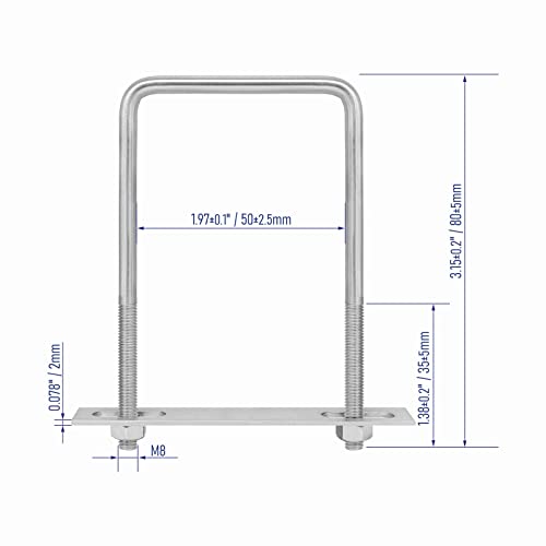 Image of 4 Sets 304 Stainless Steel Square U-Bolts 2 inch(50mm) Inner Width, 3.15 inch(80mm) Length Stainless M8 with Nuts, Frame Plate, Accessories for Automobiles Trailer, Boat Trailer Industrial Parts