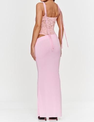 Image of Women's Lace Splicing Cutout Maxi Dress Square Neck Sleeveless Bodycon Long Dress with Sheer Corset