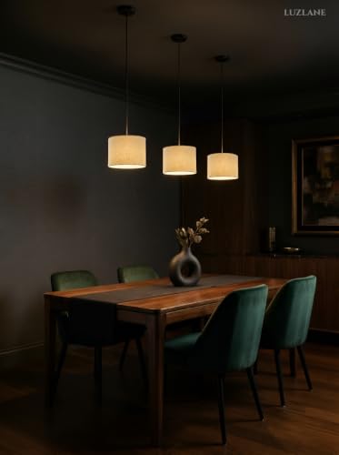 Image of Pendant Lamp 8 Inch Drum Linen Fabric Hanging Light for Ceiling, Beige Color, | Lampshade Hanging Light for Living Room, Bedroom, Cafe & Home Decoration