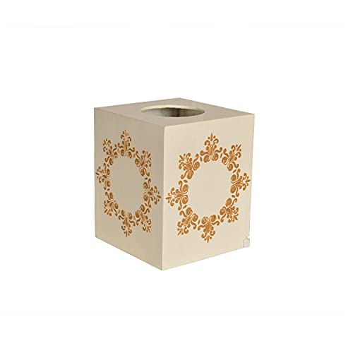 Lalhaveli Table Top Decorative Wooden Handmade Hand Painted Vintage Style Tissue Dispenser Holder Stand Kitchen Accessories Items (Off-White,5.5X5.5X7 Inch)