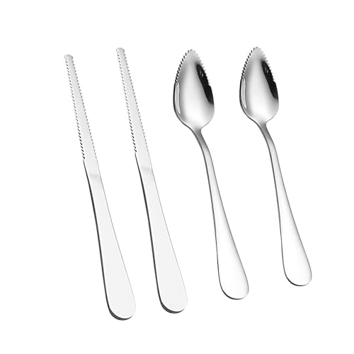 Grapefruit Spoons - ShiningUU 4pcs Stainless Steel Serrated Grapefruit Knives & Melon Kiwi Fruit Spoons, Sharp Edges for Citrus Fruits (Grapefruit/Lemon), Melon, Kiwi, Yogurt Scooping, Puree & Dessert