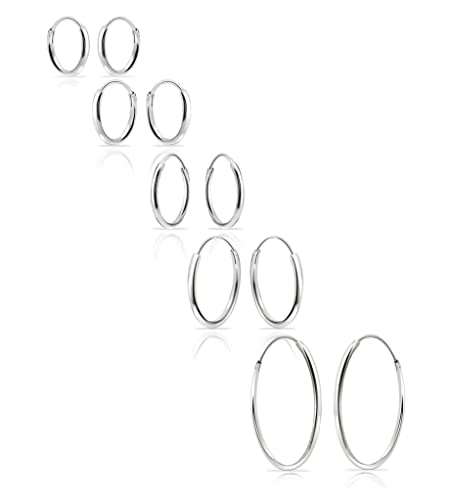 Silverline Jewelry 5 Pairs 925 Sterling Silver Small/Medium/Large Endless Hoop Earrings Set Cartilage Nose 10 12 14 16 24mm