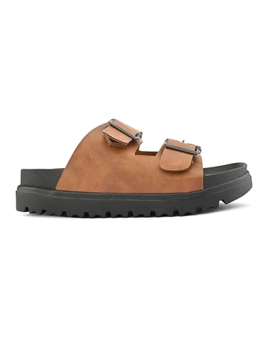 Image of STANPHORD Men Double Buckle Slider Sandals | Faux Leather Fashion Chappal | EVA Non-Slip Cushioned Sole | Casual Summer Daily Indoor Outdoor Wear (TPAI 14102)