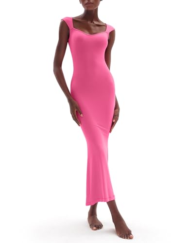 Image of PUMIEY Women's Square Neck Cap Sleeve Maxi Dress Ribbed Bodycon Dress Summer Dresses for Women
