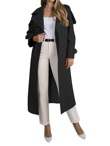 Muchpow Women's Long Trench Coat Double Breasted Lapel Oversized Windproof Overcoat with Belt(Black,X-Large)