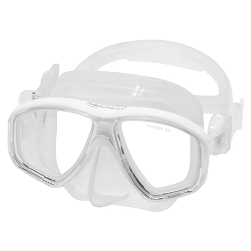 SAEKODIVE AquaFlex Diving Mask - Anti-Fog Tempered Glass, Panoramic Wide View, Anti-Leak Silicone Skirt - Scuba Diving, Snorkeling, Freediving, Spearfishing Gear for Adults (Clear/White)
