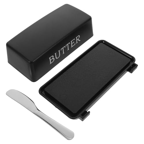 DEARMAMY Burriera con Coperchio Ermetico e Coltello Integrato Contenitore per Burro da Banco in Plastica Nero Capiente e Compatto per Conservazione in Frigorifero e Uso Domestico