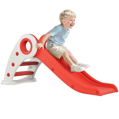HOMCOM Tobogán Infantil de 18-36 Meses Tobogán para Niños Plegable con Escaleras Rampa Larga para Jardín Parque Interiores 120x50x56 cm Rojo