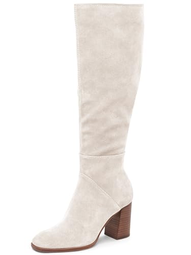 Coutgo Womens Knee High Boots Square Toe Chunky Block Heel Side Zipper Faux Suede Long Boots Fall Winter Shoes