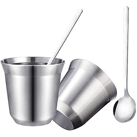 Espressotassen Set von 2 - Edelstahlwand 304 Doppelwandiges Isoliertes Demitasse-Tassen stapelbare, Kaffeetasse mit Löffel Cover