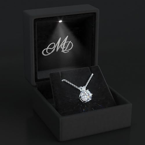 CMD Moissanite Pendant Necklace 2ct Round or Oval Cut, 18K White Gold-Filled Vermeil 16 to 20 inch Adjustable Chain, Secure Large 10mm Lobster Clasp, D Color VVS1, GRA Certified & Engraved, Gift Ready2