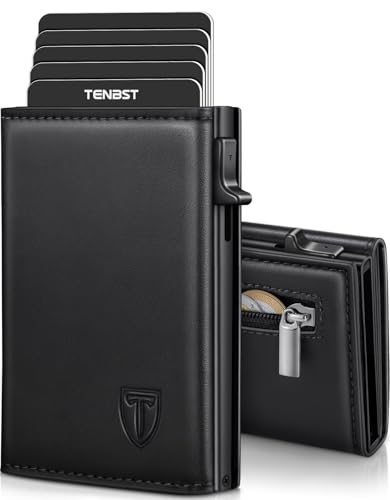 TENBST Geldbörse Herren, Slim Wallet Geldbeutel mit Münzfach & RFID Schutz, Leder Portmonee, 8 Fächer für Kreditkarten, Kartenetui Herren - Schwarz