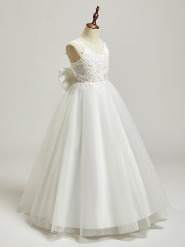 Lace Applique Flower Girl Dress for Wedding Kids Puffy Tulle Satin Long Pageant Princess Dress Bowknot Prom Ball Gowns3