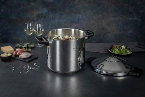 Kuhn Rikon DUROMATIC 7.0L Stovetop Pressure Cooker – 22cm, Swiss Made – 18/10 Stainless Steel, Energy Efficient, Safe Locking Lid, Works on Induction & All Stovetops, Includes Trivet & Cookbook - Thumbnail 4