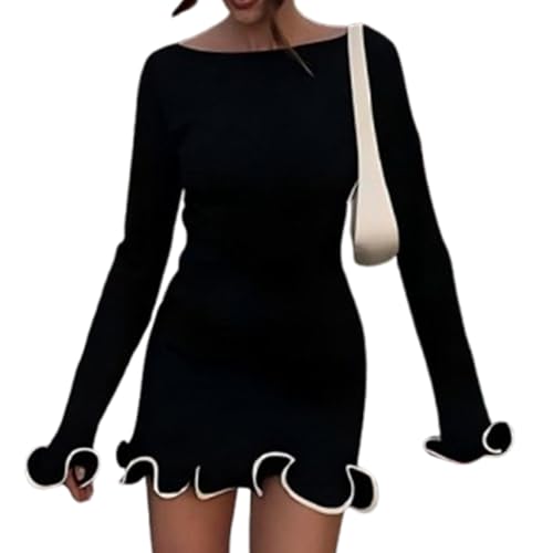 Vestido Corto de Fiesta Elegante de Mujer con Escote Barco, Encaje, Manga Larga, Ajustado, de Punto, con Dobladillo con Volantes (Black,S)