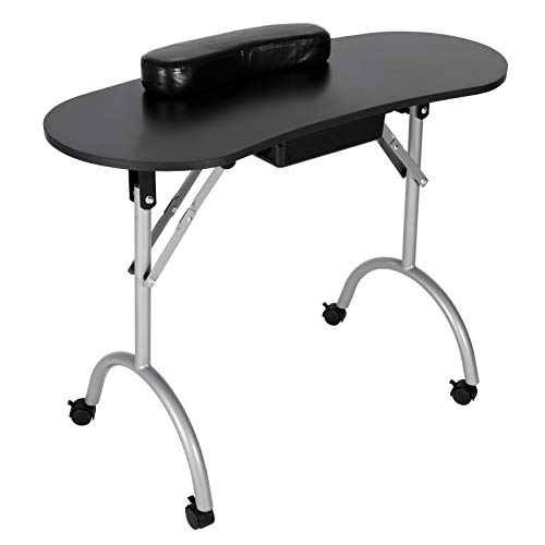 Manicure Nail Table - Portable Folding Nail Station Desk Movable Manicure Tech Table with Sliding Drawer for Home Spa Beauty Salon with Wrist Cushion, 4 Wheels, Carry Bag (35.4×27×16, Black B)