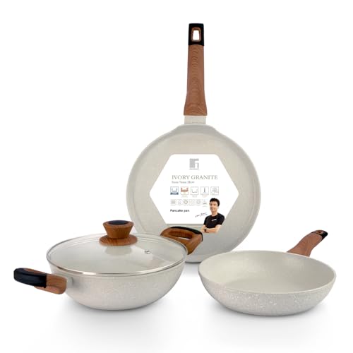 Image of Bergner Ivory Granite Non-Stick 4 Pcs Cookware Set - 24cm /2.5L Kadai with Lid 24cm Frypan 28cm Dosa Tawa 3-Layer Marble Healthy Coating PFOA Free Forged Aluminium - Induction and Gas Stove Ready