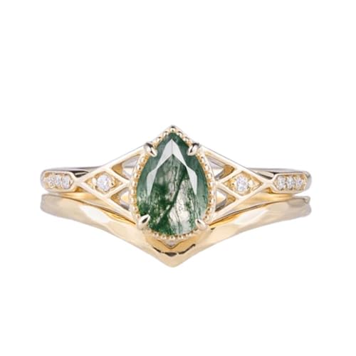 Natural Moss Agate Ring for Women Pear Moss Agate Engagement Ring Set Green Gemstone Bezel Ring S925/10K14K/18K Gold Rings for Bridal Wedding Promise Rings Size3-13