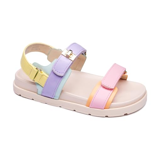 Image of FabKids Girl's Flat Sandals Comfort Adjustable Double Strap Slip on Leather Footbed Sandals for Toddler Little Kid Big Kid