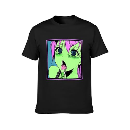 MIAO LI YI Men's Round Neck T-Shirt Hentai Manga Funny Ahegao Sexy Face Anime Cosplay Otaku Japan Hipster Twin Needle Sleeves And Hem Black M