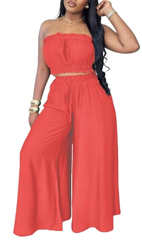 Image of Two Piece Sets for Women Summer Outfits Crop Tops and Wide Leg Pants Sets Sexy Jumpsuits Vacation Outfits with Pockets