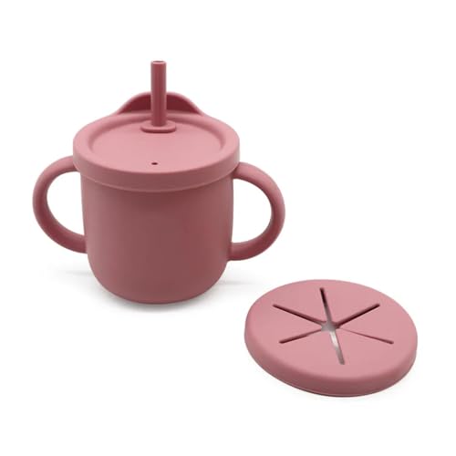 Image of Moonkie Silicone Baby Cups with Straw and Lid for Snacks, 8.5 oz Spill-Proof Sippy Cups, Training Cup for Toddlers Ages (Pink 2 in 1)