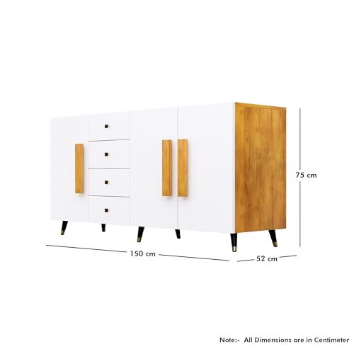 Image of Bniture Wooden Sideboard Cabinet for Living Room | Wooden Storage Cabinet with 3 Door & 4 Drawers | Engineered Wood Multipurpose Cabinet with Spacious Shelves for Home | Giant Wood & Frosty White