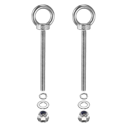 Image of PATIKIL M6 x 70mm Shoulder Eye Bolt, 2 Pcs 304 Stainless Steel Lifting Ring Threaded Eye Bolt with Flange Lock Nuts Spring and Flat Washers for Hanging Tie Down Straps Outdoor Indoor