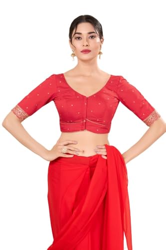 Image of Vamas Women's Art Silk Front Open Saree Blouse | Scallop Embroidered Sleeves & Yoke Designer Blouse | Stylish EthnicBlouse for Wedding & Festive Occasions