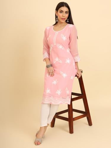 Image of Women's Chikankari-Lucknowi Embroidered Work | 3 /4 Sleeve | Knee Length | Round Neck | Georgette Fabric | Straight Kurta