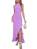 MEROKEETY Women's Halter Neck Split Elegant Cocktail Long Dress Bodycon Mermaid for Evening Party, Purple, Small