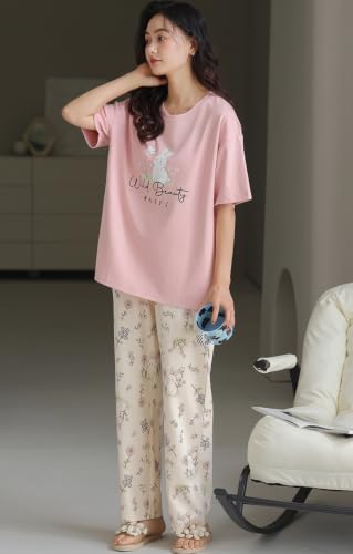 Image of GLASGO Women's Cotton Pajama Set with Top & Pants|| Korean Night Wear|| Loose Fit Home Wear || Lightweight Printed Set || Soft & Comfy Sleepwear for Girls & Women || LNS-4-$