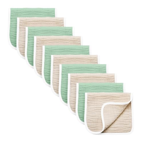 Image of Synrroe Burp Cloths Large, Muslin Burp Cloths for Baby Girls and Boys, Pack of 10 Extra Absorbent and Soft Muslin, 6 Layers 20 by 10 Inches 100% Cotton (Brown-Green 10 Pack)
