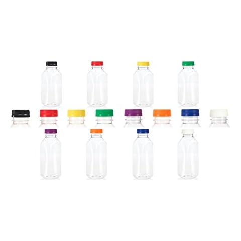 (8) 16 oz. Clear Food Grade Plastic Juice Bottles with Multi Colored Tamper Evident Caps 8/pack Cover