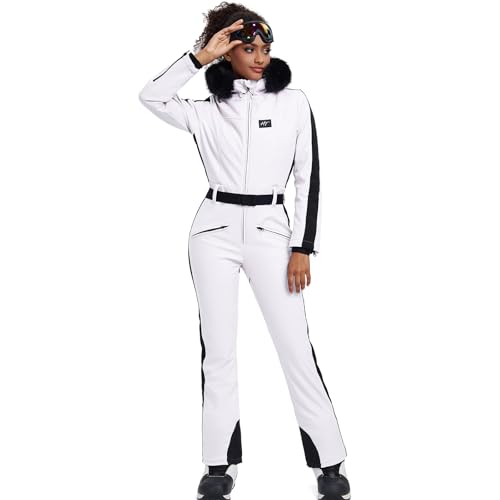 HOTIAN Traje de esquí de una pieza para mujer, traje de esquí cálido para mujer, traje de nieve, impermeable, resistente al viento, mono de nieve, mono con capucha, Blanco, XXS
