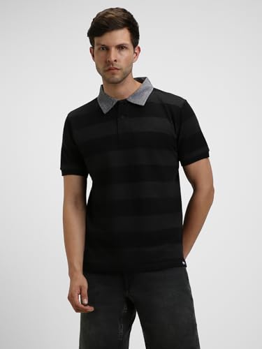 Image of Dennis Lingo Men's Cotton Grey Stripes Regular Fit Button-Down Half Sleeve Polo Tshirt